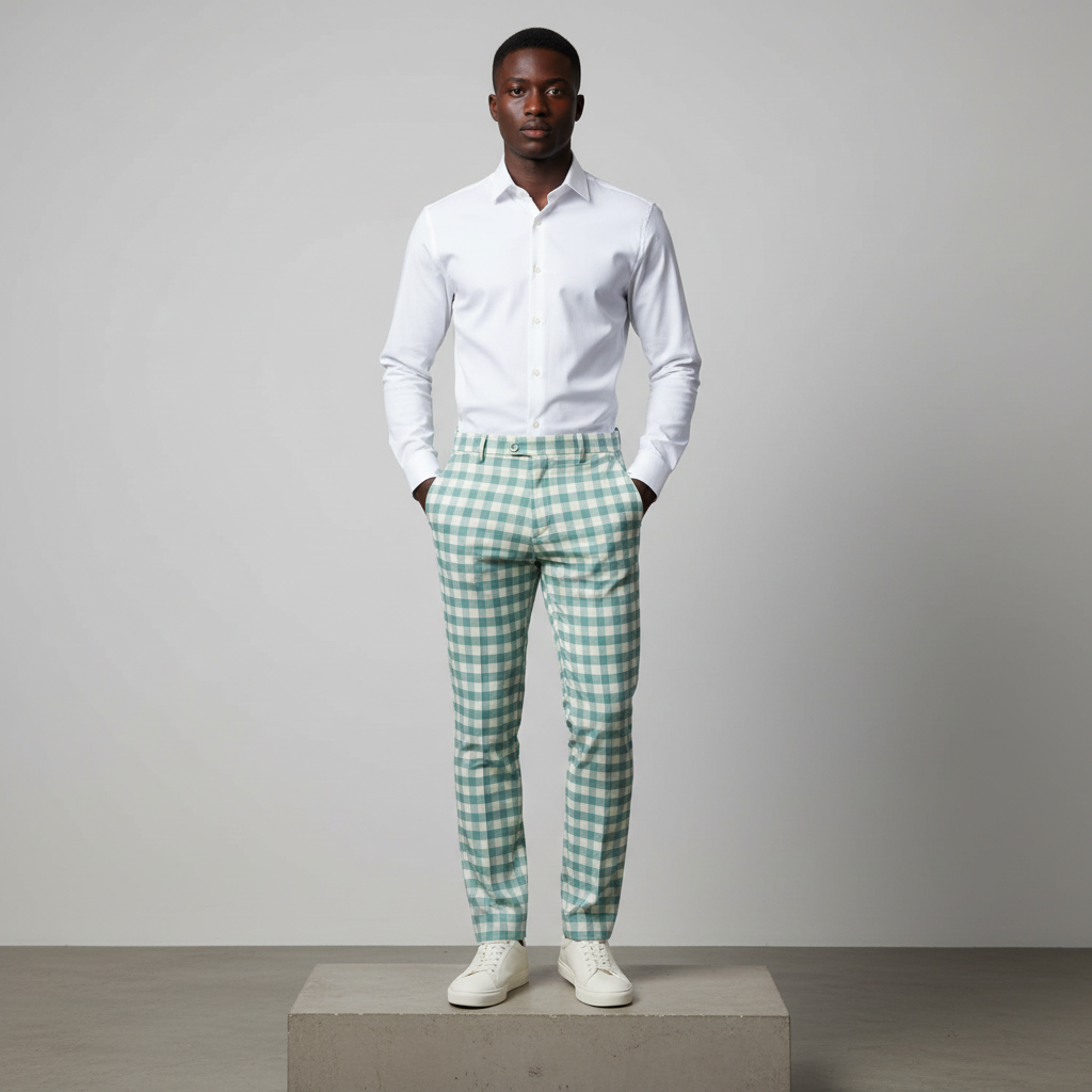 Sage Green White Gingham Trousers – Front Model