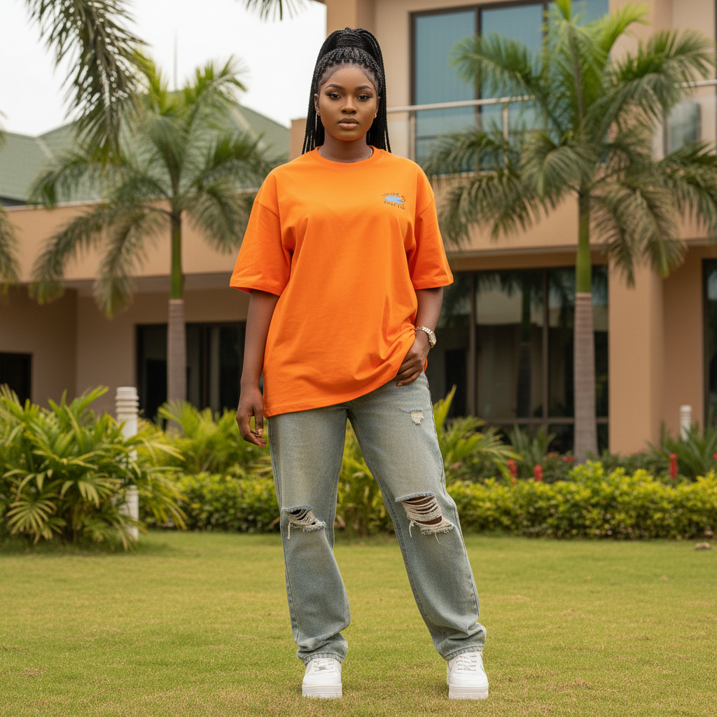 Nigerian female model wearing orange Living My Best Life graphic tee – front view