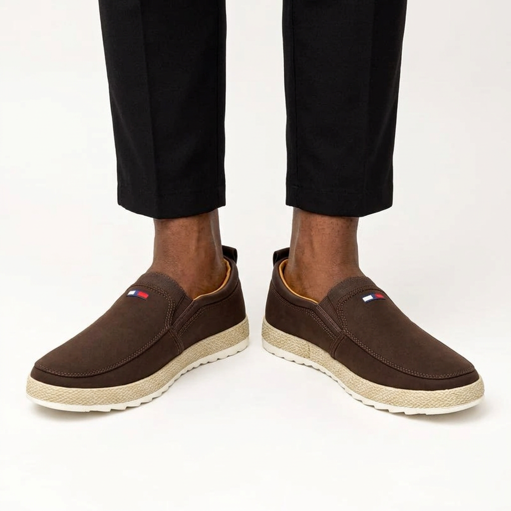 Brown woven-trim slip-on sneakers properly worn on both feet