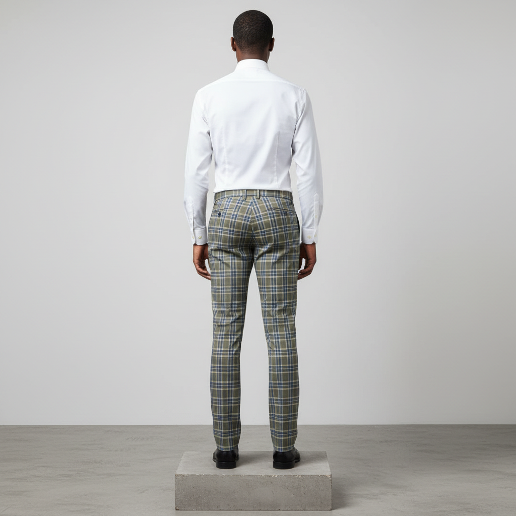 Olive Green Blue Plaid Trousers – Back Model