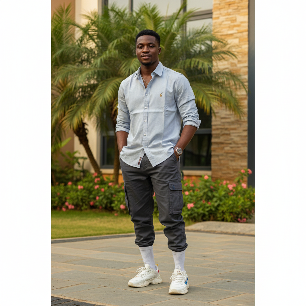 Nigerian male model wearing soft grey slate blue long-sleeve button-down casual shirt full body shot