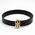 Smooth black belt with gold-tone double-loop buckle isolated on white