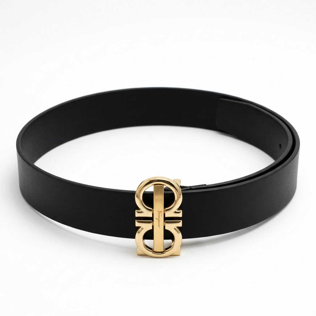 Smooth black belt with gold-tone double-loop buckle isolated on white