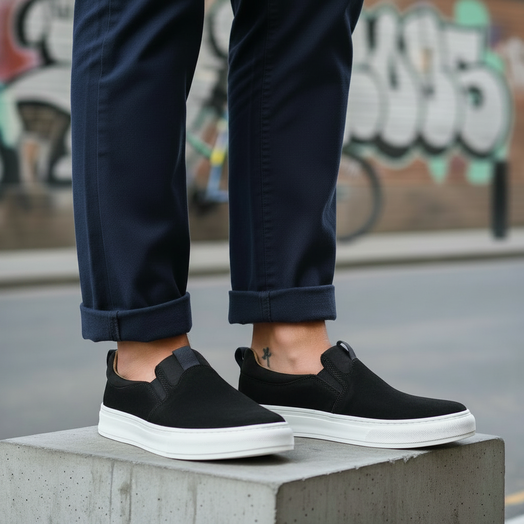 Nigerian male model wearing men's black nubuck leather slip-on sneakers with white sole