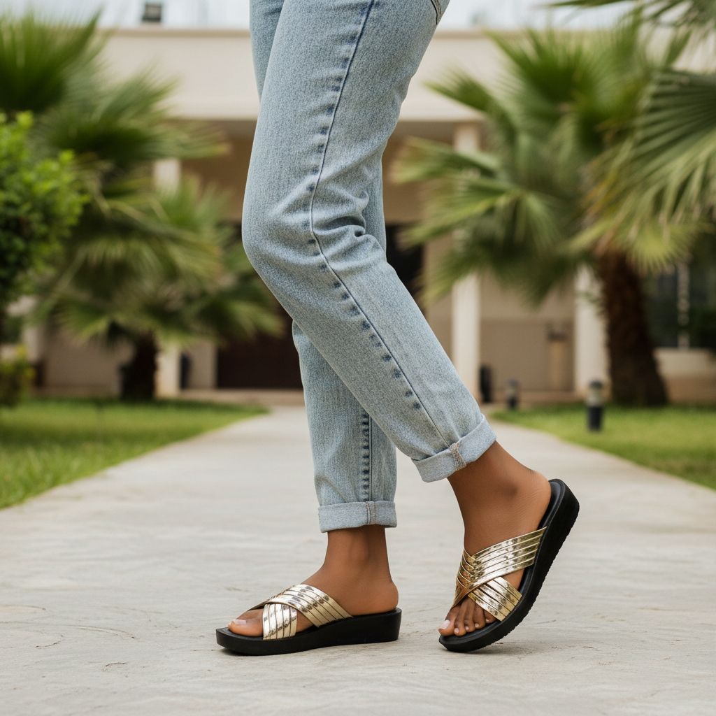 Nigerian female model Gen Z style wearing gold metallic cross-strap wedge slide slipper — leg focus