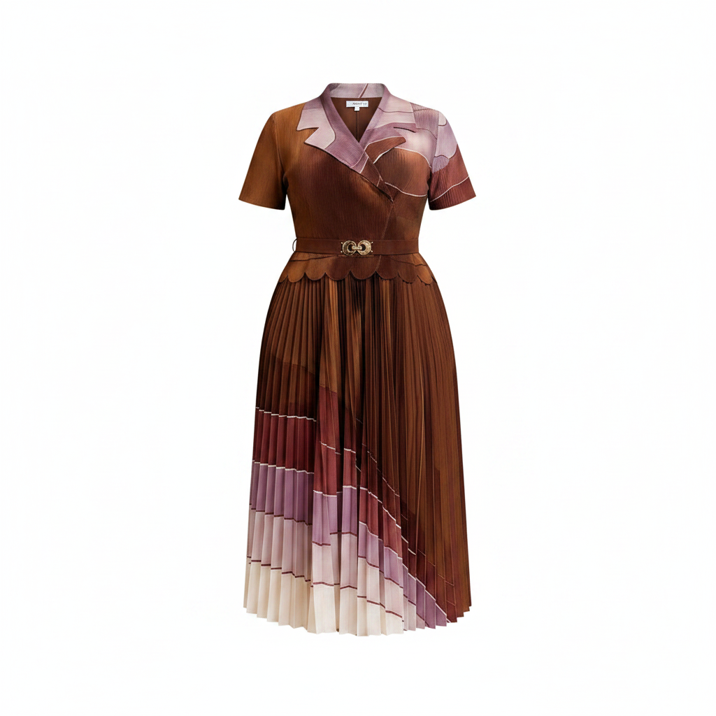 Women's brown mauve cream pleated midi dress ghost mannequin front view