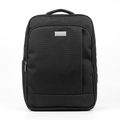 Black rectangular backpack with silver-tone plaque and front zip panel