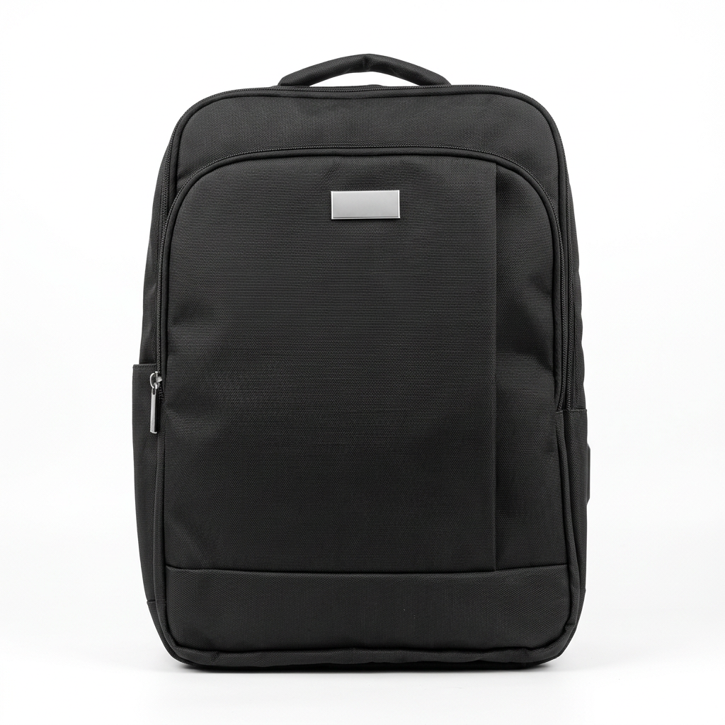 Black rectangular backpack with silver-tone plaque and front zip panel