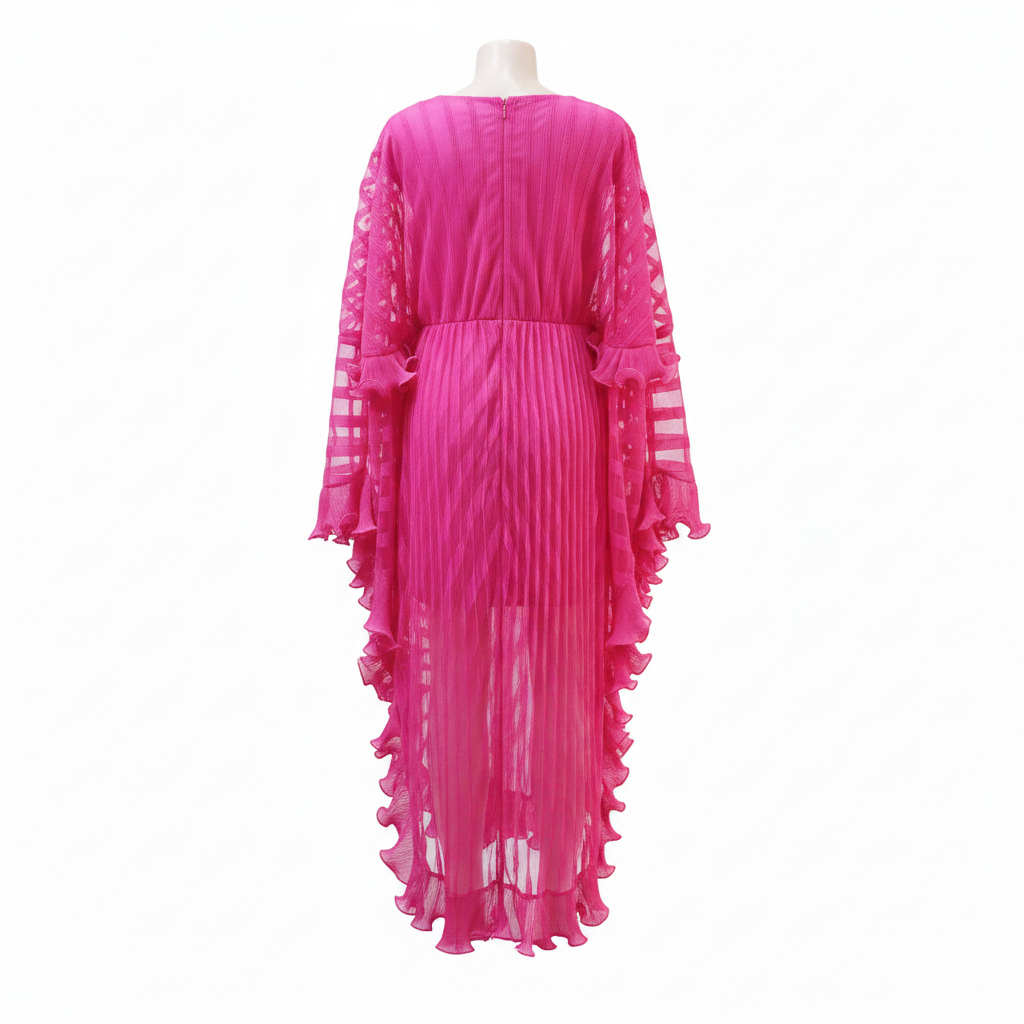 Ghost mannequin back view - hot pink pleated ruffle cascade dress