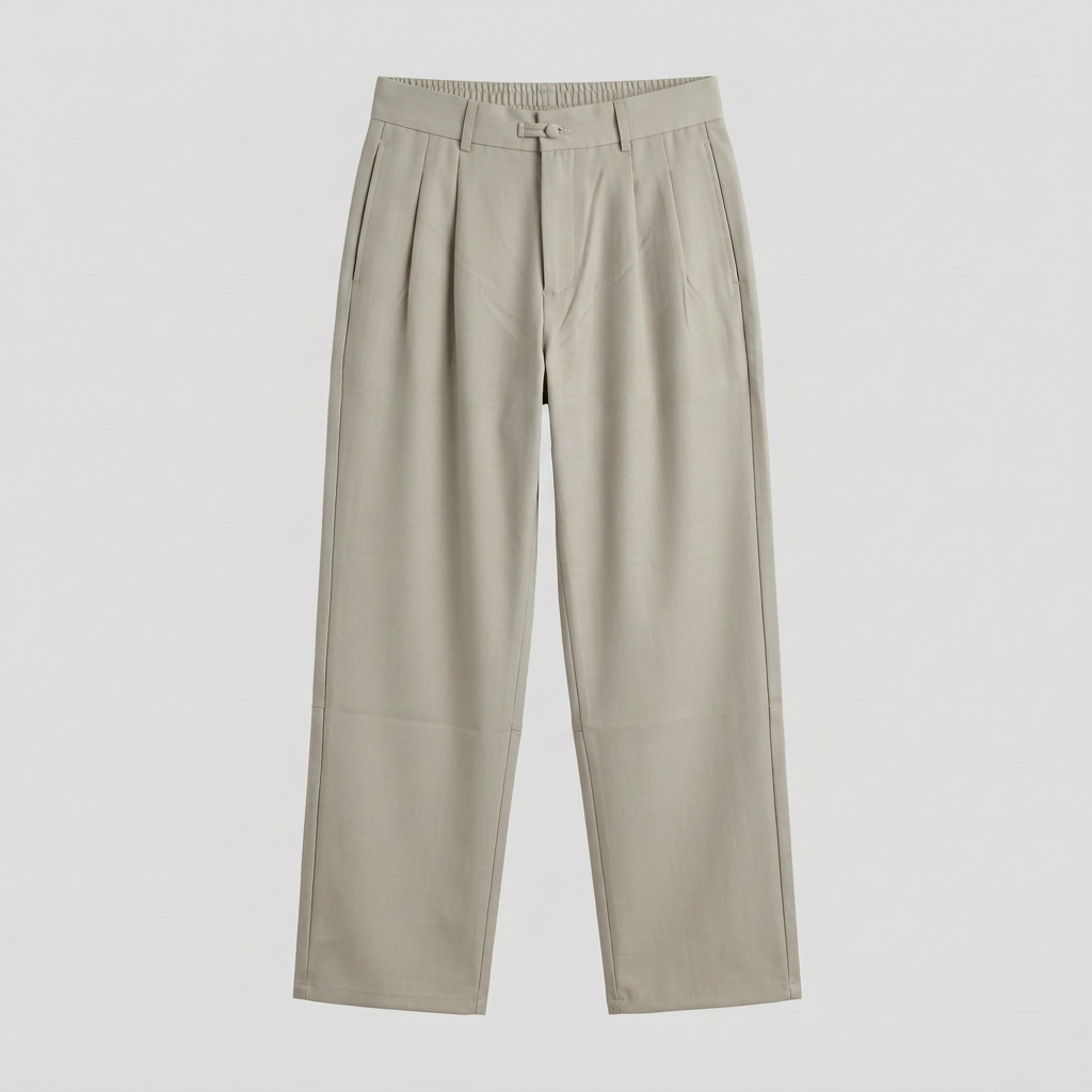 Light beige pleated wide-leg trousers, ghost mannequin front view