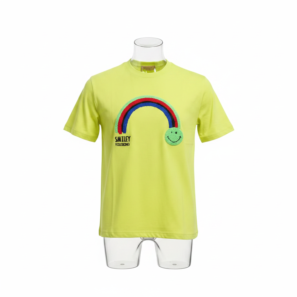Ghost mannequin front view of neon yellow rainbow smiley T-shirt