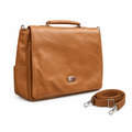 Tan flap-front office bag and shoulder strap on white background