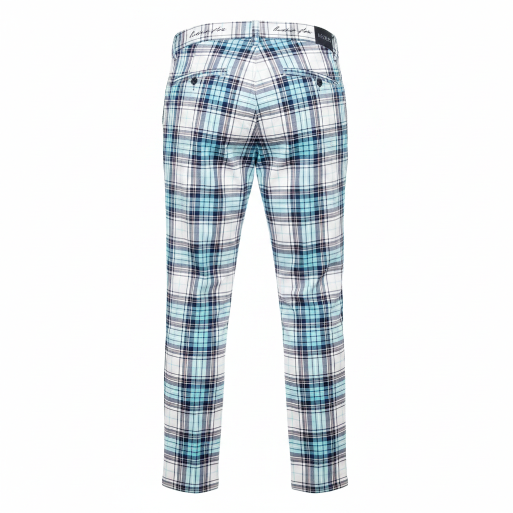 White Aqua Blue Tartan Trousers – Back Ghost Mannequin
