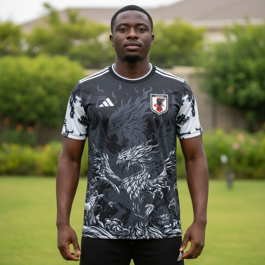 Nigerian male model wearing black and white winged beast football jersey front view