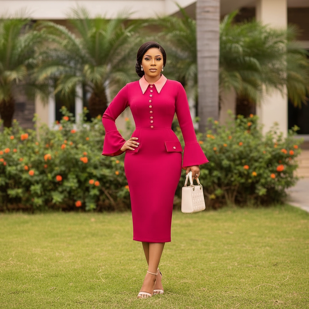 Women's Hot Pink Button-Front Peplum Bell-Cuff Midi Dress – Nigerian Female Model