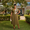 Women's Olive Green 3D Rose Applique Ribbed Knit Pleated Midi Gown - Nigerian Female Model