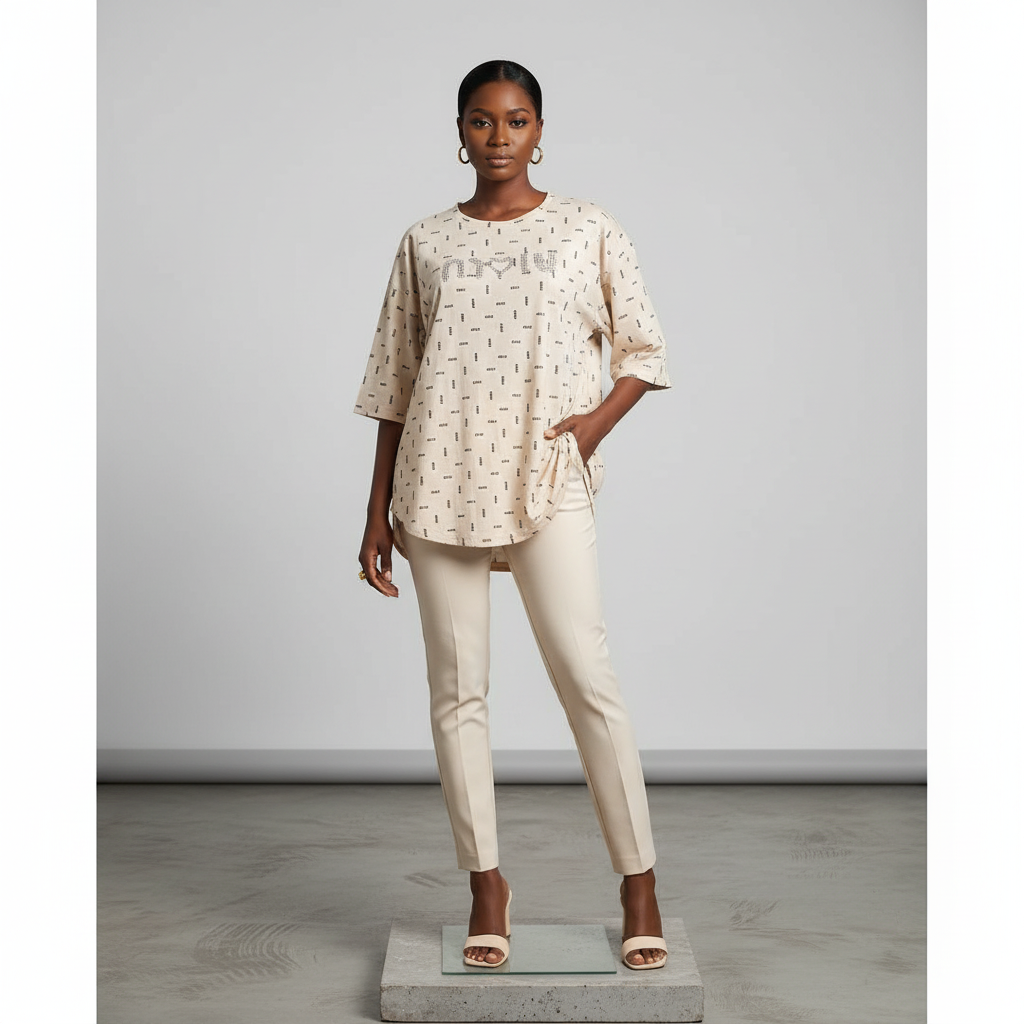 Cream Monogram Print Rhinestone Longline Top - Model Front View