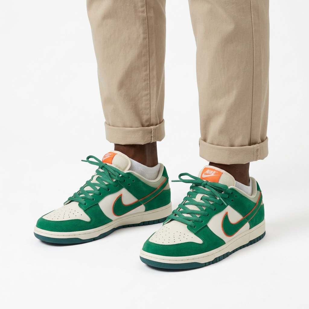 Green and cream low-top sneakers worn on both feet