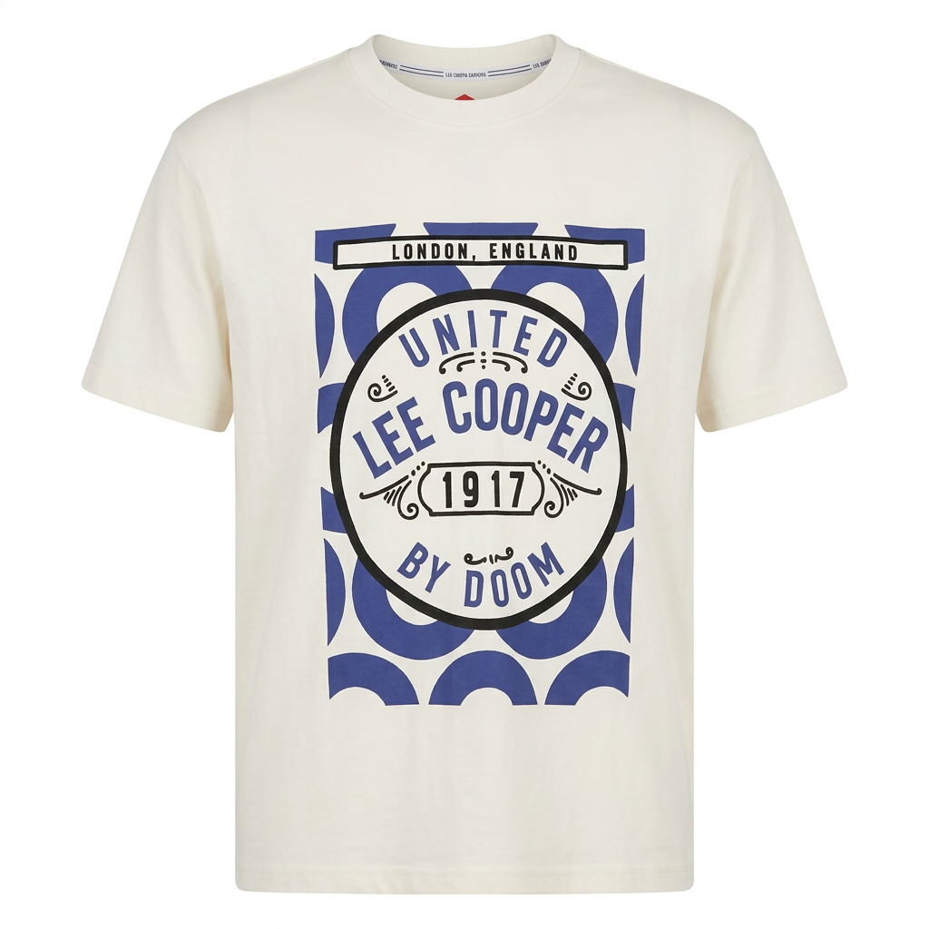 White blue-badge graphic crewneck T-shirt on white background