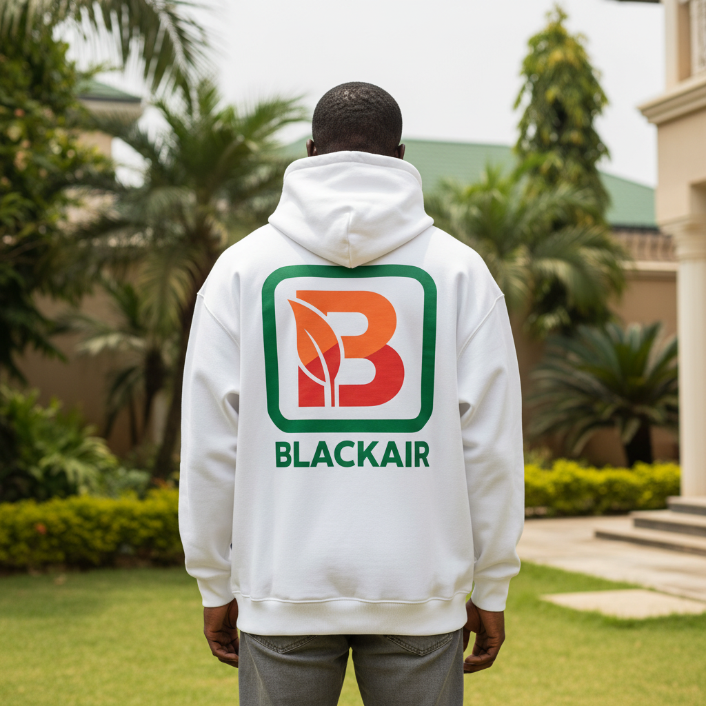 White Blackair large logo hoodie back view on Nigerian male model