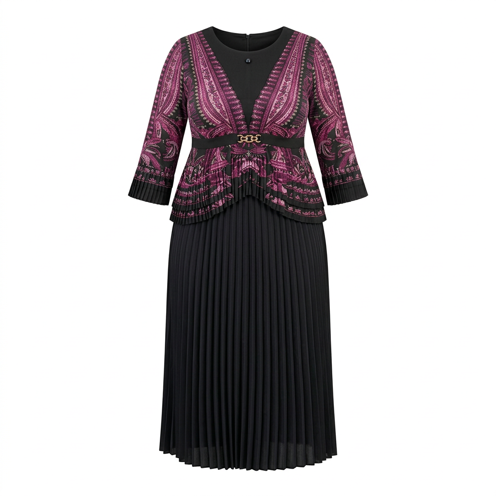 Purple patterned top and black pleated maxi skirt on an invisible mannequin