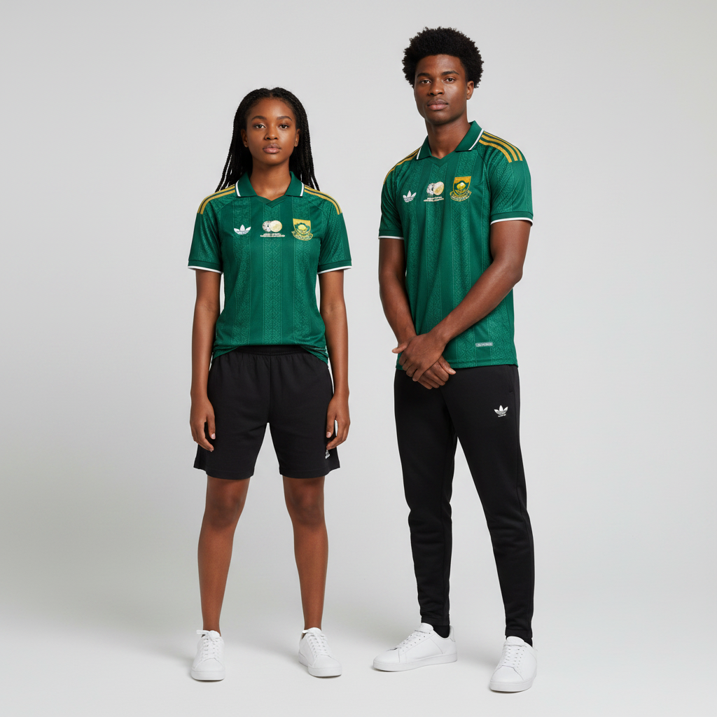 Nigerian female and male models wearing dark green and gold stripe short sleeve football jersey with protea crest