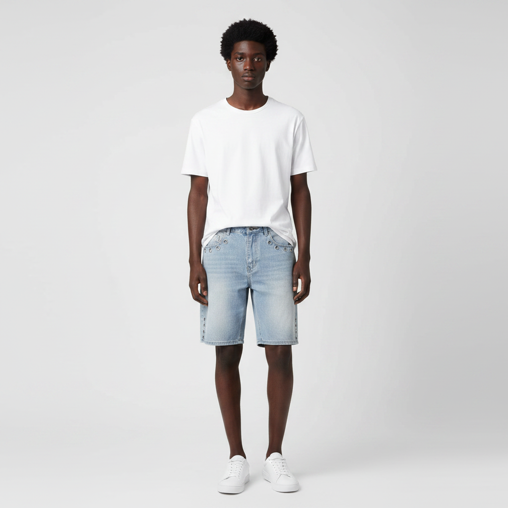 Man wearing the light wash eyelet denim shorts