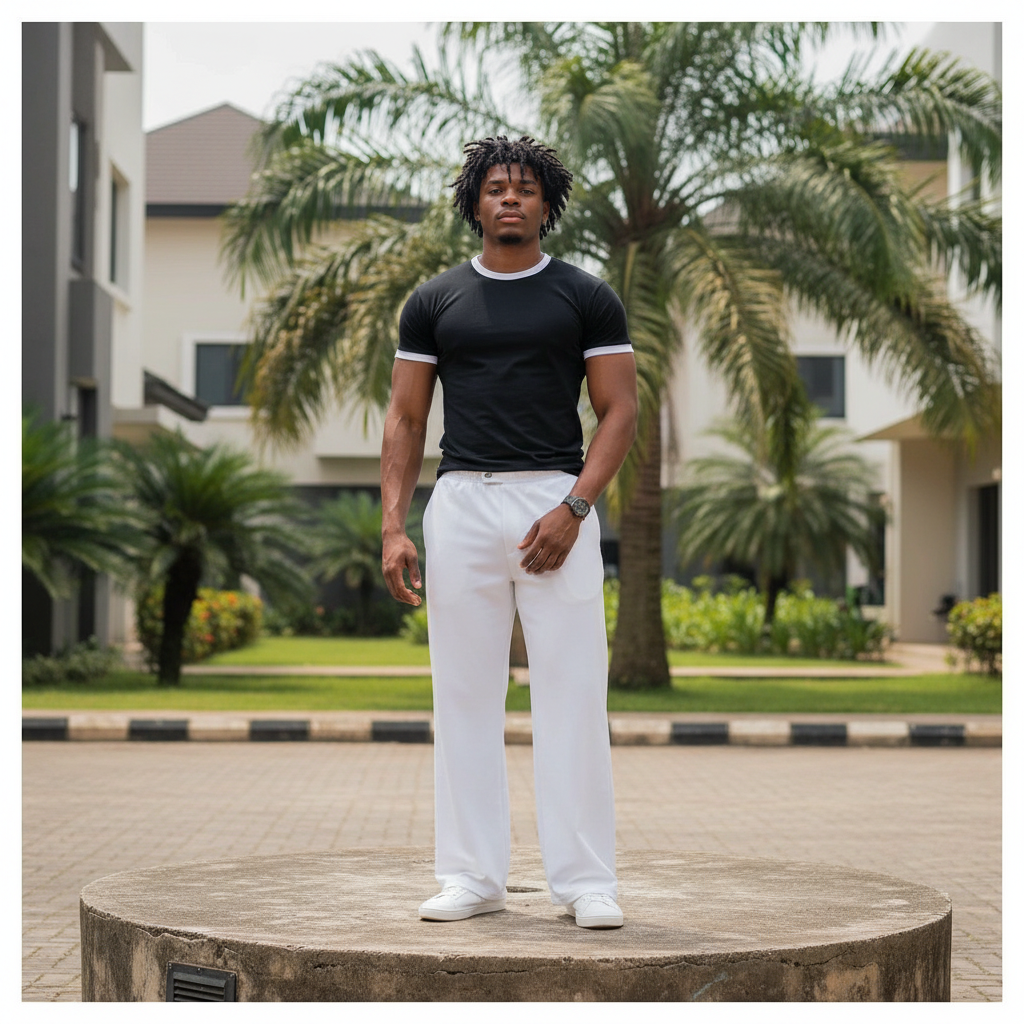 Nigerian male model full body wearing men's black white trim ringer crew-neck t-shirt
