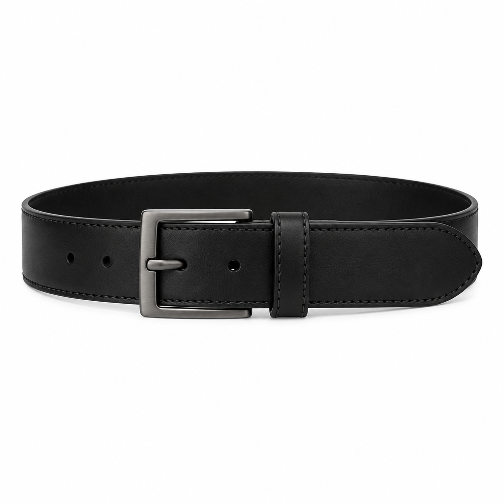 Black Genuine Leather Stitched Belt - Front View