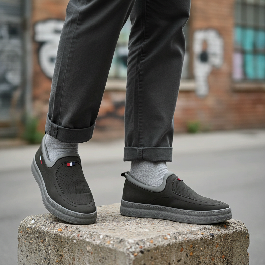 Model wearing dark olive grey nubuck leather slip-on sneakers with grey collar leg shot