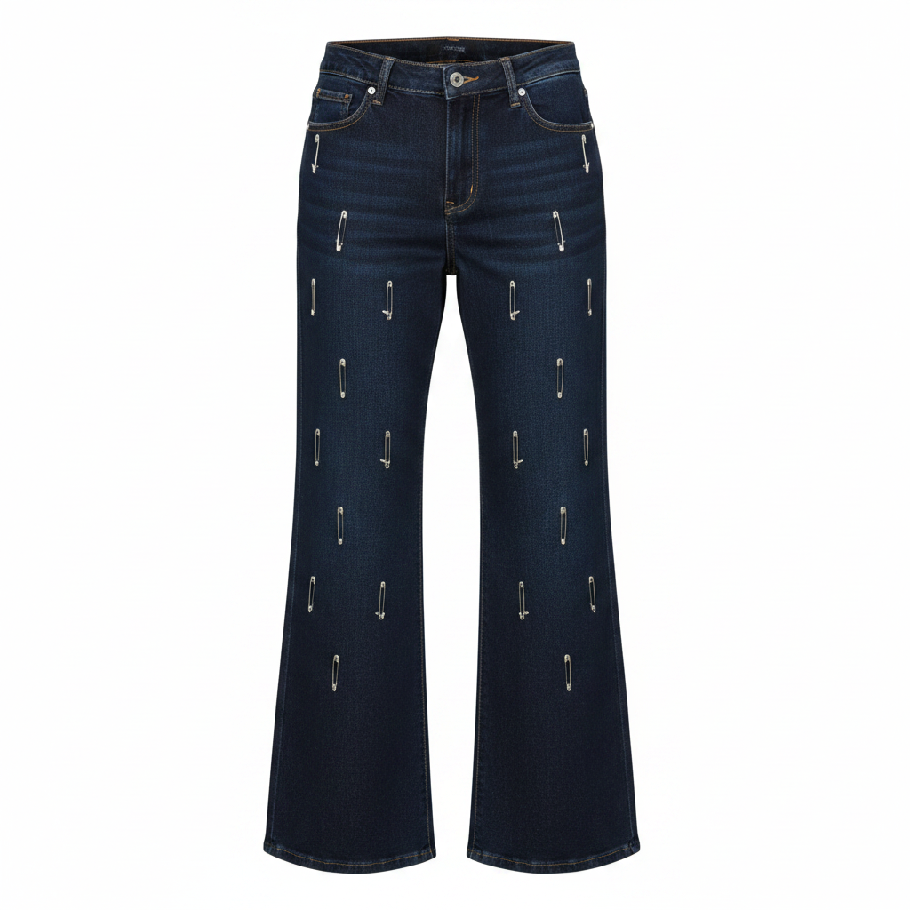 Dark navy wide-leg denim trousers with silver pin embellishments, ghost mannequin view