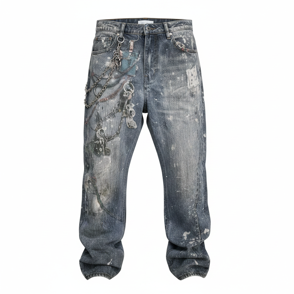 Men's dark grey paint splatter chain hardware extreme distressed baggy jeans ghost mannequin front view