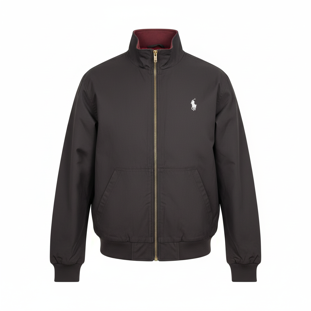 Men's charcoal grey zip-up bomber jacket ghost mannequin front view