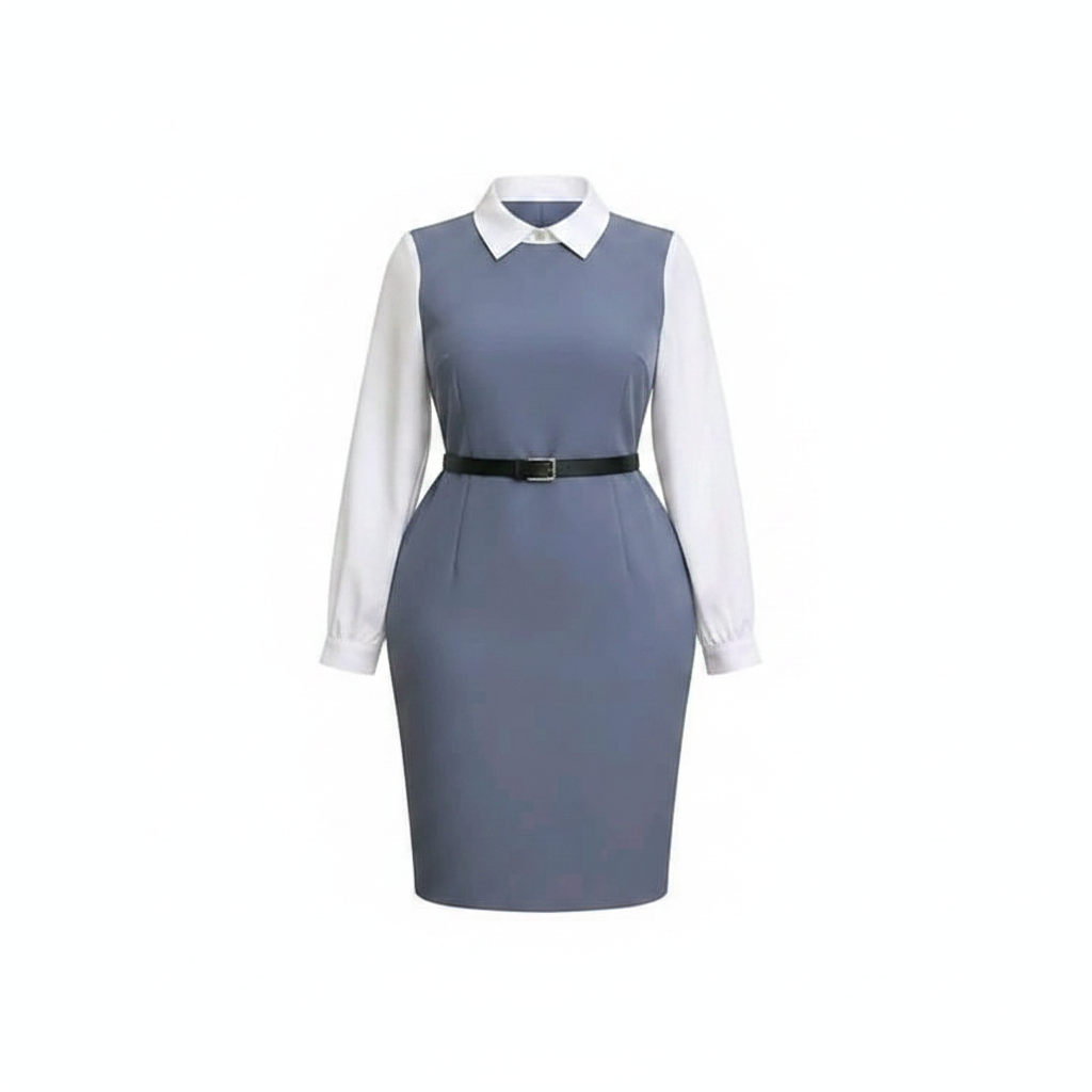 Dusty blue belted pinafore midi dress with white shirt ghost mannequin front view