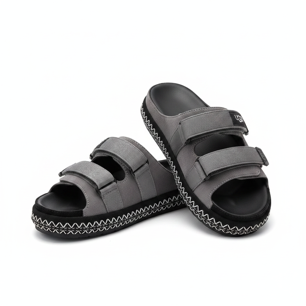 Grey UGG-style double-strap velcro slide sandal ghost mannequin product shot, plain white background