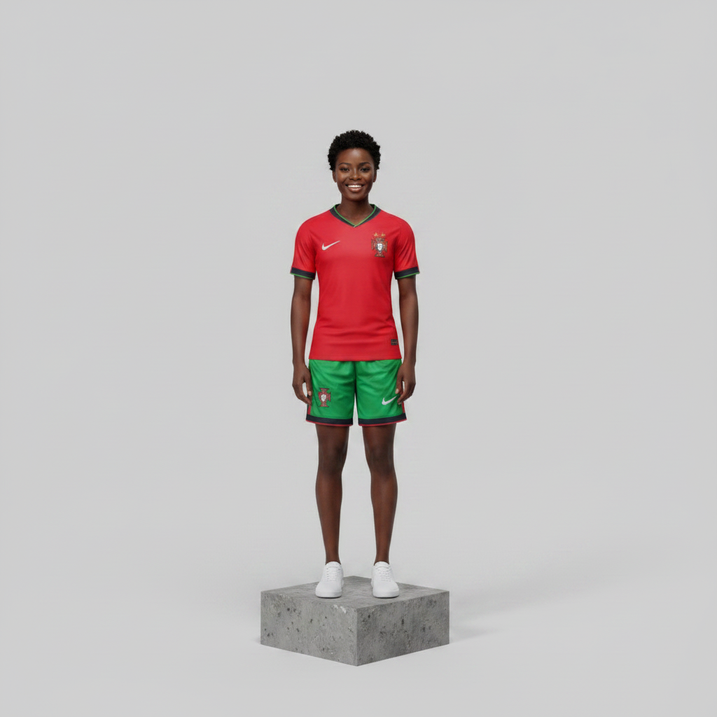 Nigerian female model wearing red and green home football kit on concrete plinth