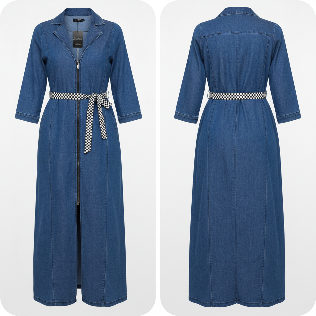 Blue Denim Zip-Front Maxi Dress – Front Ghost Mannequin