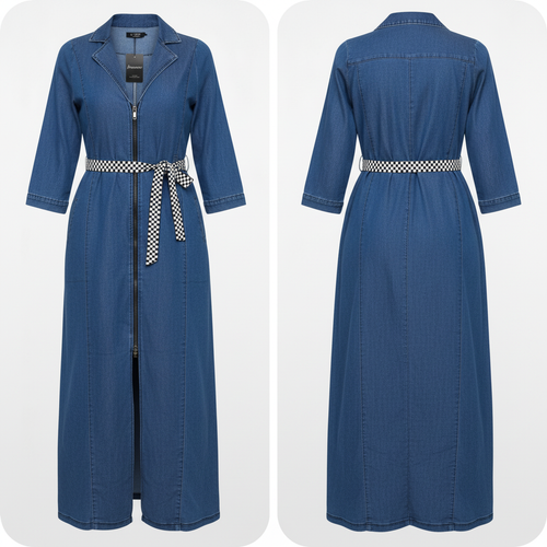 Blue Denim Zip-Front Maxi Dress – Front Ghost Mannequin