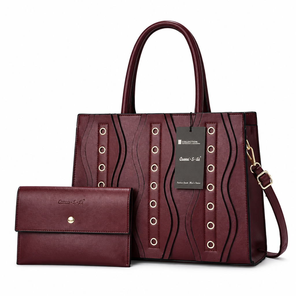 Burgundy wave-detail bag and matching pouch on white background