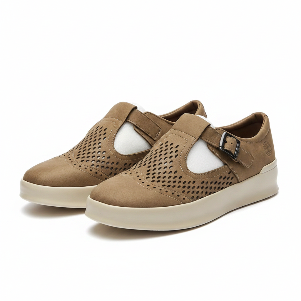 Men's olive nubuck perforated T-bar buckle slip-on shoes pair product shot