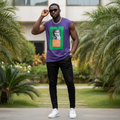 Nigerian male model wearing purple graphic sleeveless vest in outdoor setting