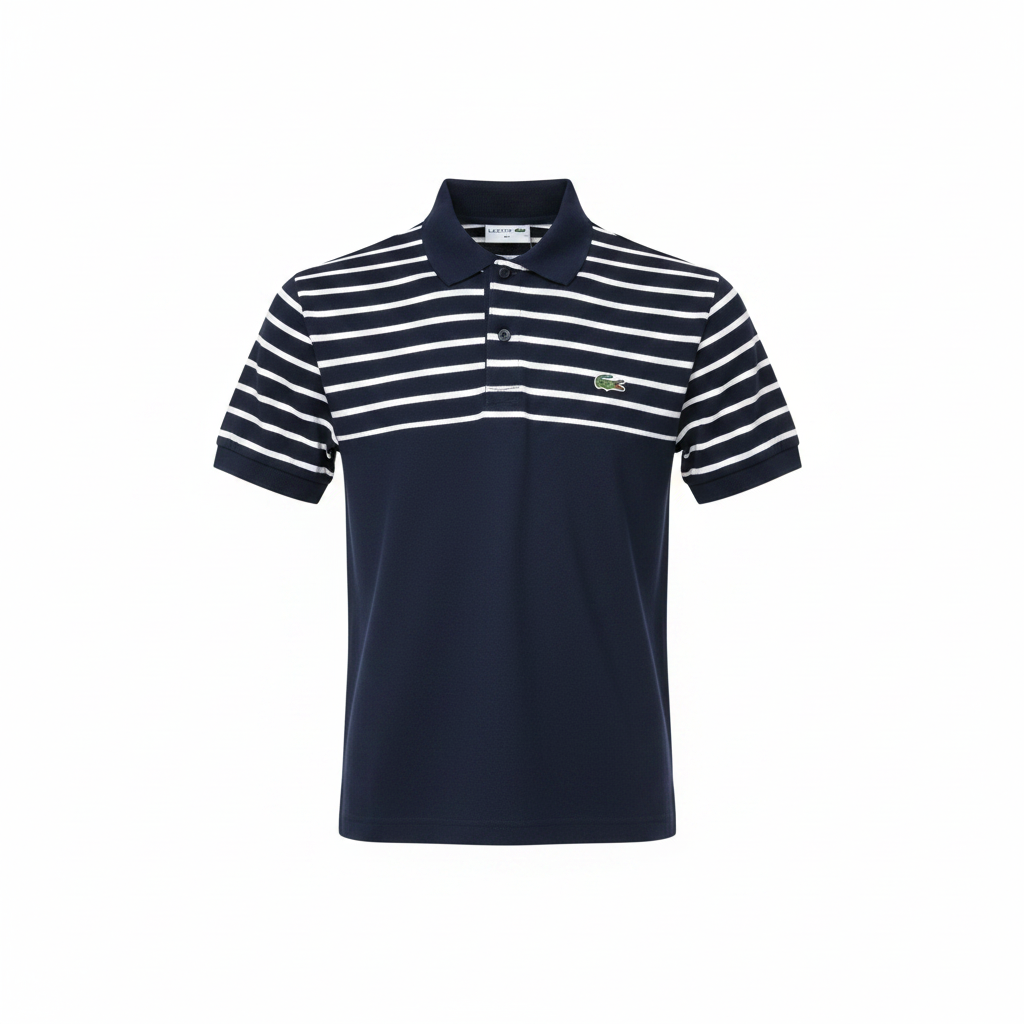 Navy polo shirt with white horizontal stripes across chest yoke ghost mannequin front view on white background