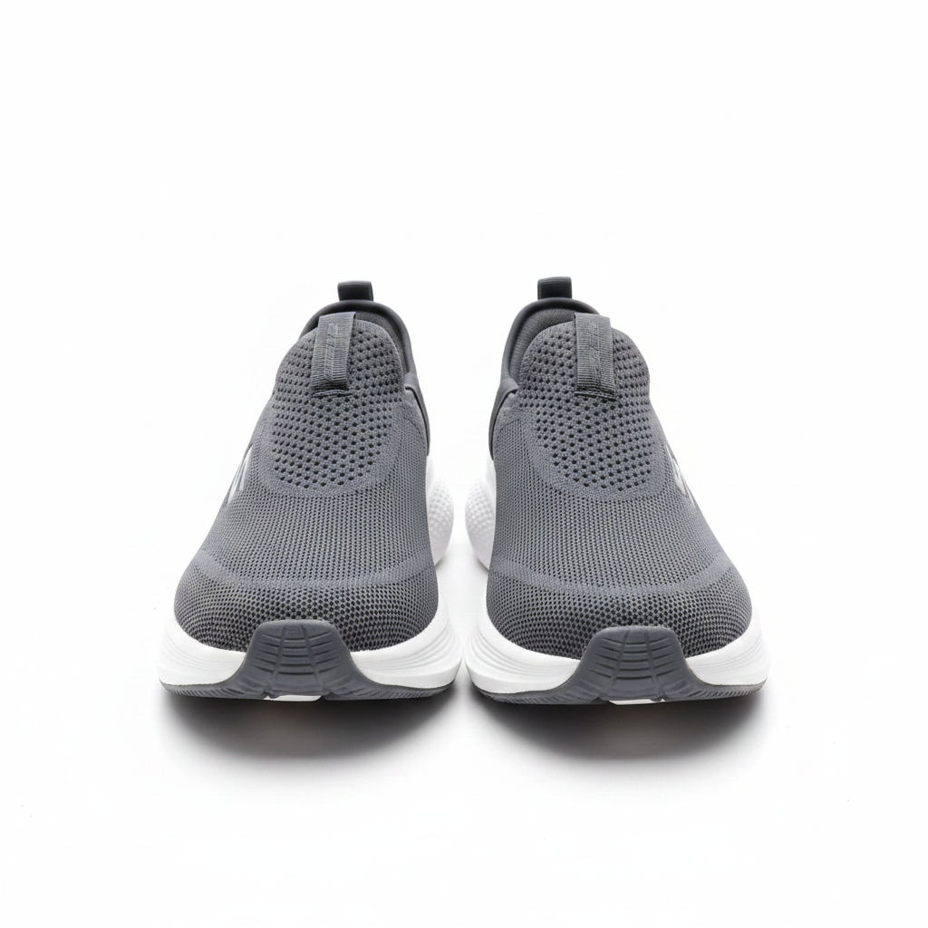 Men's charcoal grey knit laceless slip-on running sneakers with white sole pair product shot