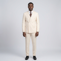 Full-body Black adult model wearing a cream double-breasted suit