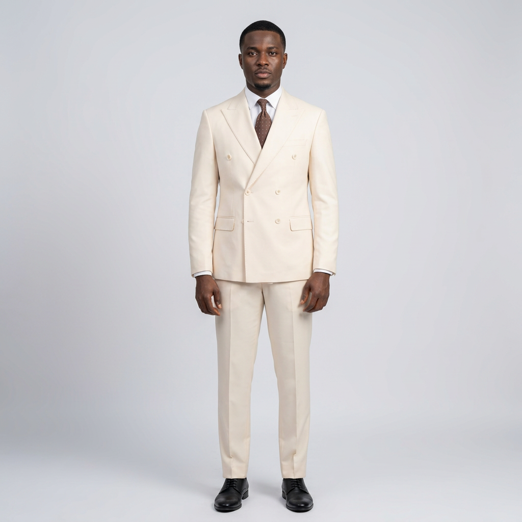Full-body Black adult model wearing a cream double-breasted suit