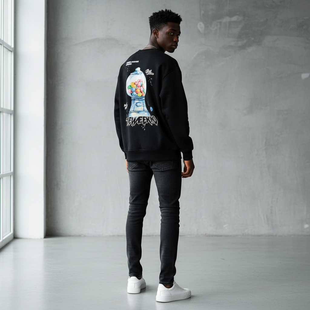 Male model wearing black The Weeknd gumball machine graphic sweatshirt back view