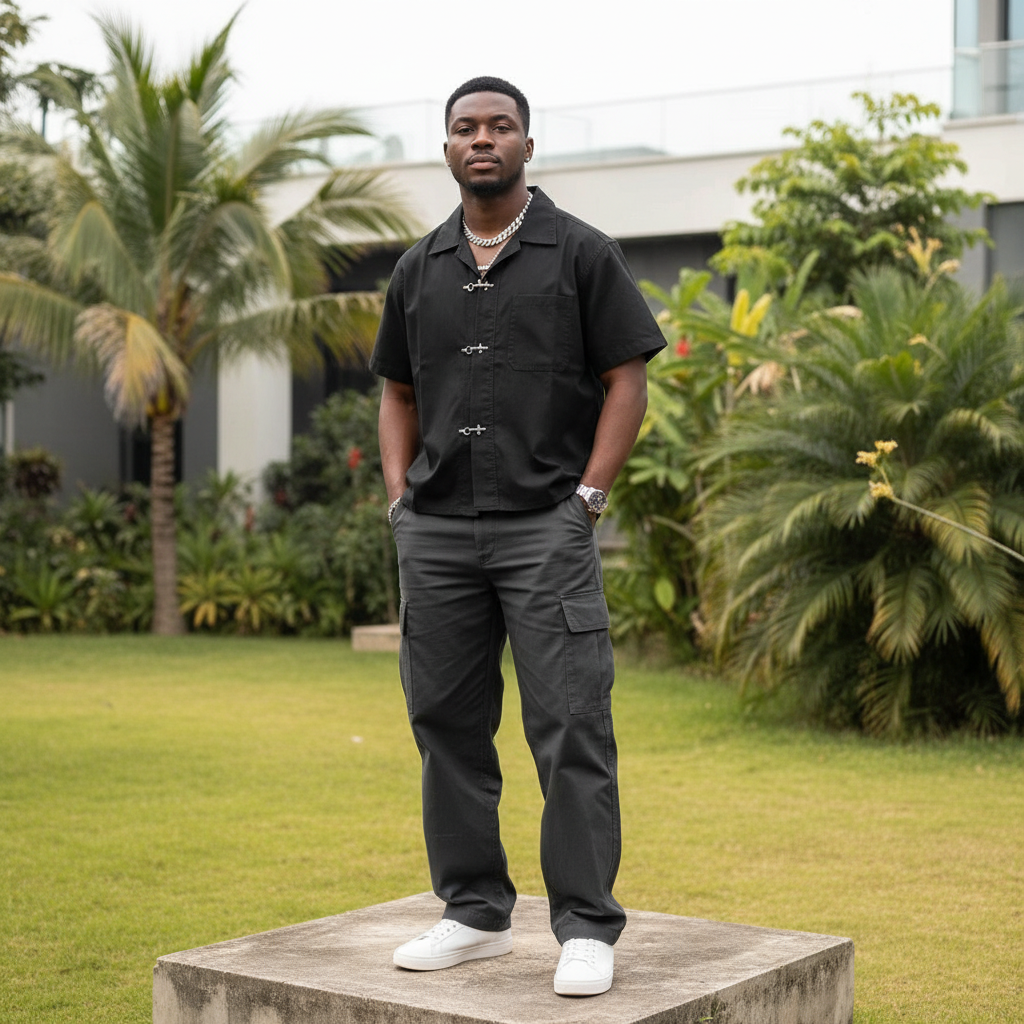 Nigerian male model wearing black camp collar hook-clasp shirt – full body lifestyle shot
