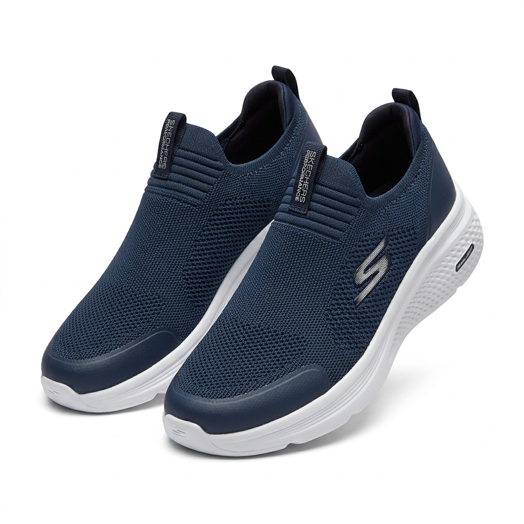 Pair of navy knit slip-on sneakers with white soles on white background