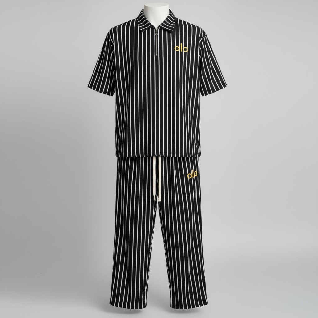 Ghost mannequin black white pinstripe yellow logo polo and trouser two-piece set