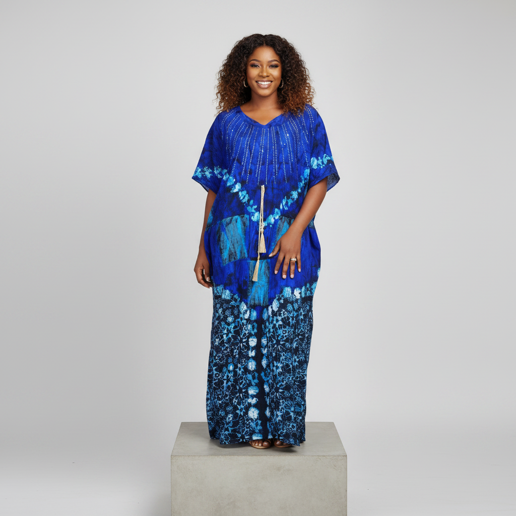 Nigerian female model wearing Royal Blue Adire Long Bubu Gown with rhinestone V-neckline and gold tassel